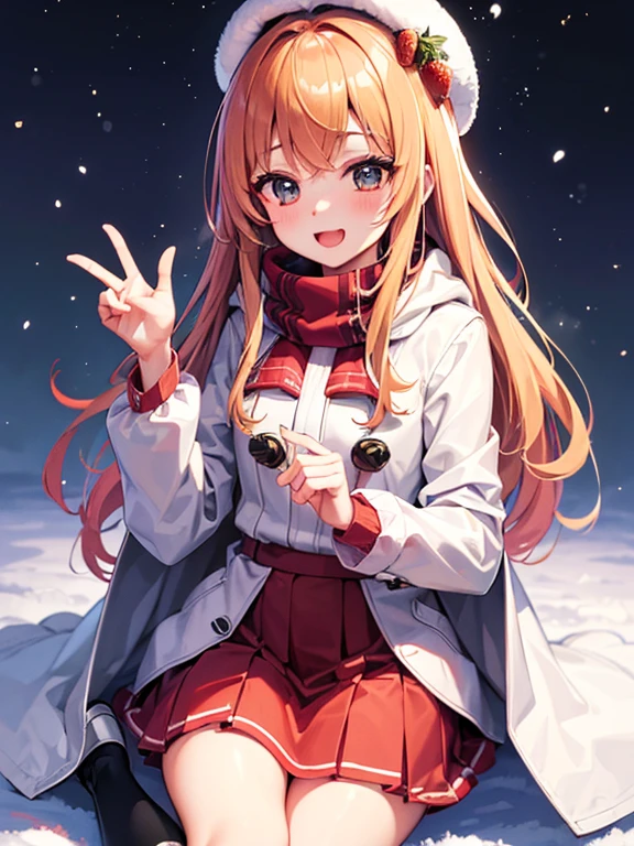 (Highest quality)、(masterpiece)、(Ultra-high resolution)、whole body、Teenager、Big smile、Strawberry Blonde、long、mini skirt、Knee-high socks、Duffle coat、winterのマフラー、Town、winter、((It&#39;s snowing))、(The illuminations are decorated)、((Night view))