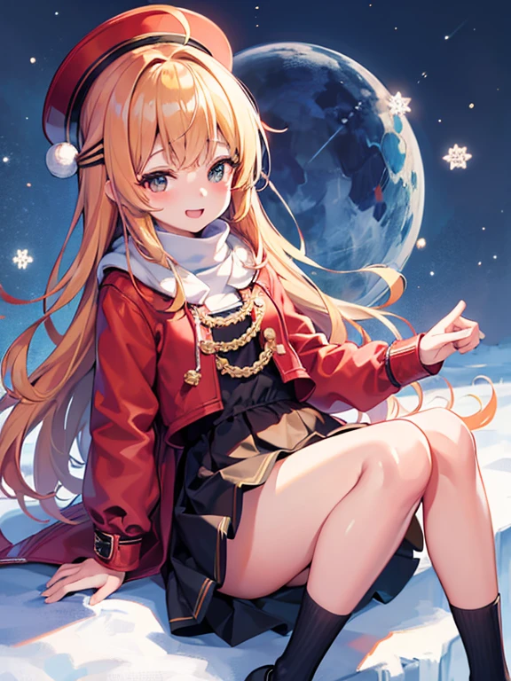 (Highest quality)、(masterpiece)、(Ultra-high resolution)、whole body、Teenager、Big smile、Strawberry Blonde、long、mini skirt、Knee-high socks、Duffle coat、winterのマフラー、Town、winter、((It's snowing))、(The illuminations are decorated)、((Night view))