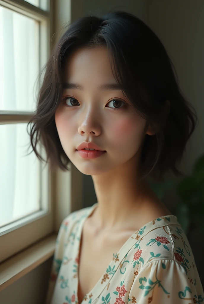 best quality, face focus, soft light, ultra high res, (photorealistic:1.4), RAW photo,
Indonesian girl, solo, cute, (pupil, lights in the eyes),  detailed beautiful face, (small chest),(high resolution detail of human skin white texture),
(Short hair),
indoor background window,
Damask Shirt Dress,
(portrait)