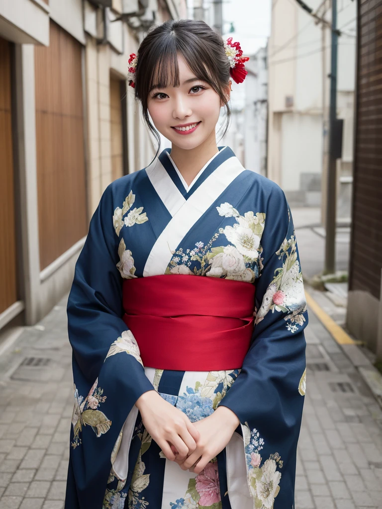 1girl, solo, highres, best_quality, masterpiece, detailed_background, intricate_details, beautiful, hiroshima, hiroshima_castle, historical, traditional_clothes, kimono, smile, looking_at_viewer, dynamic_pose, natural_pose, candid, happy