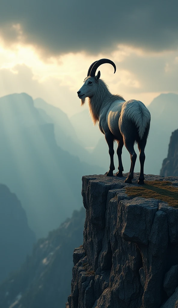 Create a photorealistic image of the Capricorn zodiac symbol depicted as a majestic mountain goat standing at the edge of a steep cliff. The goat is strong and muscular, its gaze fixed on the horizon, symbolizing determination and ambition. The background features a vast, mountainous landscape under a dramatic sky, with the first rays of sunlight breaking through the clouds. The scene is intense and powerful, capturing the resilience and steadfastness of Capricorns."