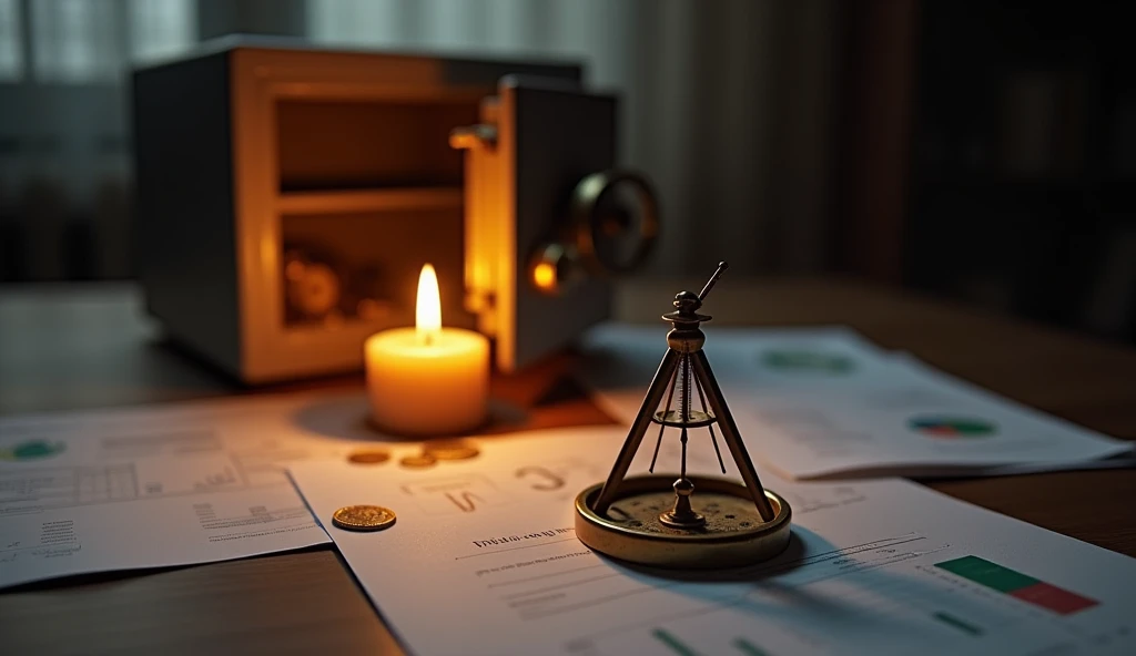 Create a hyper-realistic and mysterious image of a partially melted candle next to a miniature sundial, both on a work table covered in papers and financial diagrams. Ao fundo, a partially opened safe reveals a small amount of gold coins, suggesting careful management of resources. The golden light of the candle should illuminate the sundial and the papers, creating an atmosphere of nightly reflection on time and the importance of financial planning. The scene is meant to symbolize that prosperity is achieved through conscious planning and efficient use of time..