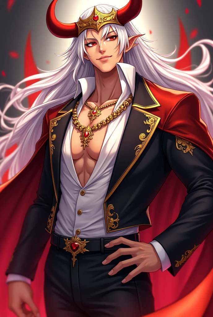 Create an anime style image of my character: His name is Asmodeus, King of the circle of hell of lust. He looks about 2. stomach 1.90 m, He has long white hair with crimson red tips.. Her skin is caramel-colored and her eyes are amber-colored.. He is very handsome, with an inverted triangle body type (shoulders wider than hips), a mesomorph body type. he is muscular, and has a golden crown that resembles the horns of a bull. He walks in a suit that resembles the suit of bullfighters, but it is less dramatic, white shirt with crimson red and gold details, and black pants with gold details. It does not have wings, he wants to. And her eyelashes and eyebrows are white. She has golden necklaces, The bull's horns are golden and are part of the crown, not from his head. She has a flirtatious smile and a seductive look.