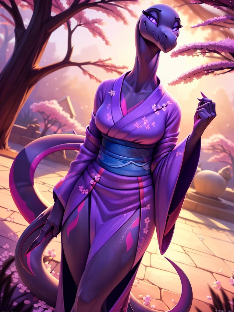 uploaded on e621, ((Salazzle)) by Pixelsketcher, by Bayard Wu, by Thomas Benjamin Kennington , by Einshelm, anthro, ((portrait)), BREAK, ((kimono:1.2)), wearing a kimono, long flowing kimono, flowers design on kimono, full body kimono)), (detailed Bonifasko lighting), (detailed scales), (detailed skin), (female Salazzle), BREAK, ((long flowing tail)), ((facing viewer)), (cinematic lighting), ((detailed background)), ((full body portrait view)), (((full body view))), (half body shadow), [backlighting], [crepuscular ray], [detailed ambient light], [gray natural lighting], [ambient light on the belly], (higher wildlife feral detail), [sharp focus], (shaded), ((masterpiece), medium breasts, furry Salazzle, reptilian face, furry Fantasy Art, furry Art, Commission for High Res, anthro Art, POV furry Art,Sakimichan beautiful, masterpiece, best quality, detailed image, bright colors, detailed face, perfect lighting, perfect shadows, perfect eyes, girl focus, purple eyes, flawless face, face focus, long flowing, reptilian girl, scales, scales woman, dragon nose, large long muzzle, colorful scales, gaze at the viewer, half-closed eyes, 1girl, full body, (masterpiece:1.21), (best quality:1.2), (illustration:1.2), (cinematic lighting:1.3), detailed scales, balanced coloring, global illumination, ray tracing, good lighting, scales, anthro, showing breasts, cleavage, looking at viewer, seductive look, (standing outside, in garden, cherry blossoms, woman looking at viewer, woman looking at camera