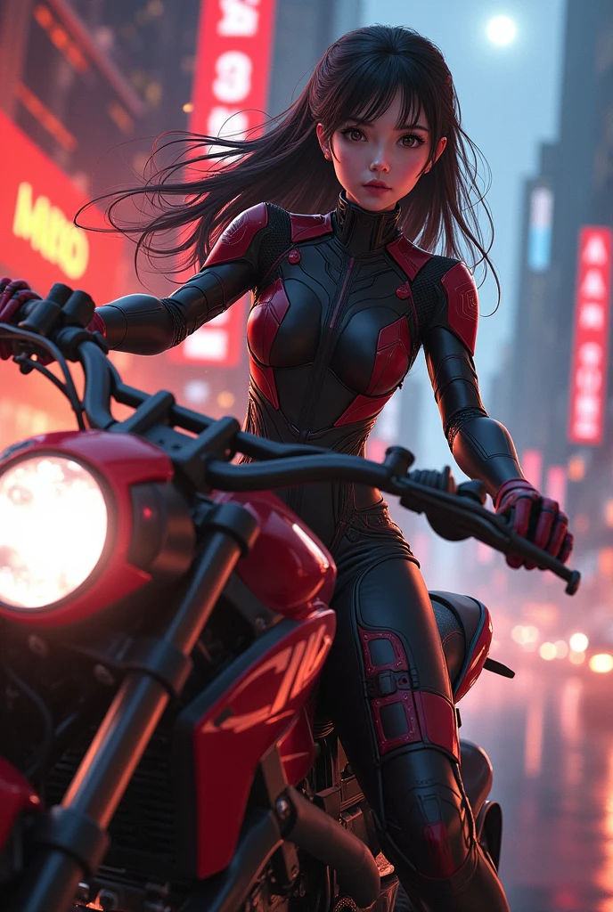 Highest image quality, outstanding details, ultra-high resolution, (realism: 1.8x1.8), the best illustration, favor details, highly condensed 1girl, with a delicate and beautiful face, dressed in a black and red mecha, long hair, holding a gun, riding on a motorcycle, the background is a high-tech lighting scene of the future city with fiery background and a name reading “IVY”