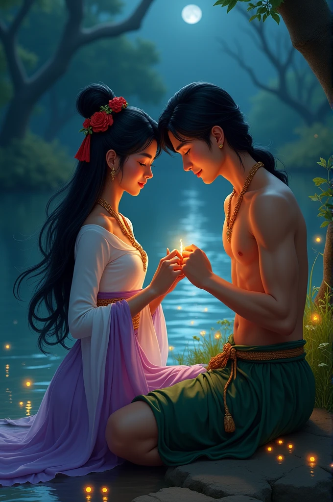 full lenght On a dark moonless night by the river bank, in the wind of the light of tiny fireflies flying around the edge of the forest, there is a beautiful, gentle, and sweet young woman, 2, with long, flowing black hair, beautiful red and gold hair accessories, in a pure white and purple Thai dress, and there is a handsome young man, about 30 years old, with long black hair growing on his head, wearing a green and gold sarong, and a gold necklace. The young man is putting a ring on the young woman. High octane, dynamic profile, oil painting, 3D painting, art painting by Ajarn Chalermchai.