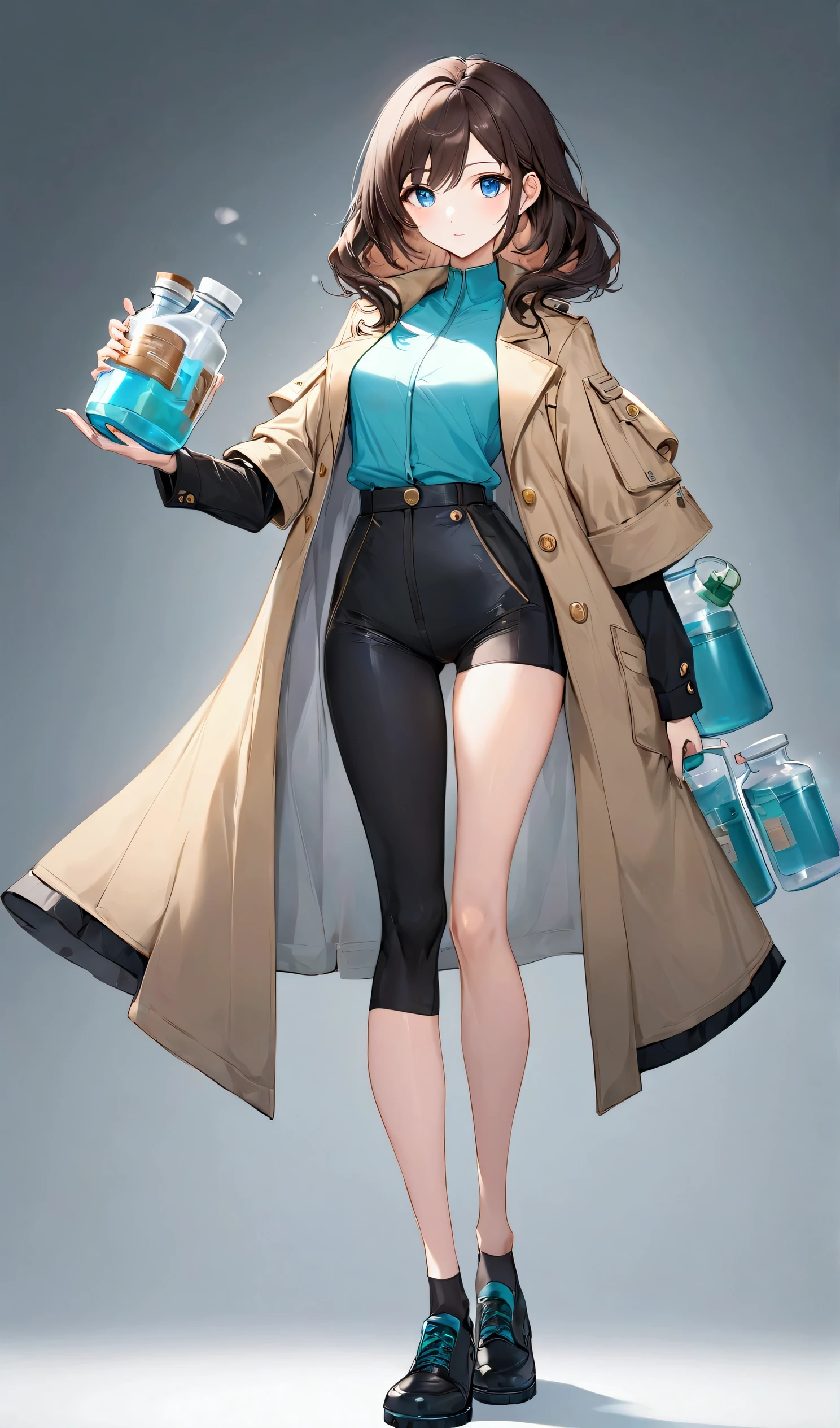 Beautiful woman in her early 20s, Work shoes, tight hot pants, dark brown hair, Researcher&#39;s coat, The Long Coat (character design) , Blue Eyes，Black short sleeve，technology，Carrying medicine, flask, Beautiful 5.Fifth-rank, Attractive appearance, captivating legs,Calm posture,Look straight ahead,Frontal posture