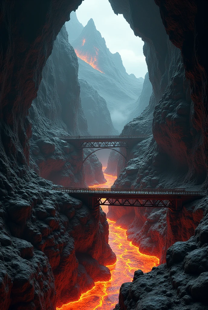 A dark cave with a cliff and a river of lava and a long, rusty iron bridge. connected to a cave and the continuation of the cave with the exit to a mountain.