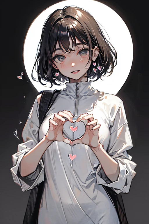 light brown-skinned woman, black hair, black eyes with dark circles, Skinny body, with loose clothing and a happy expression forming a heart with her hands