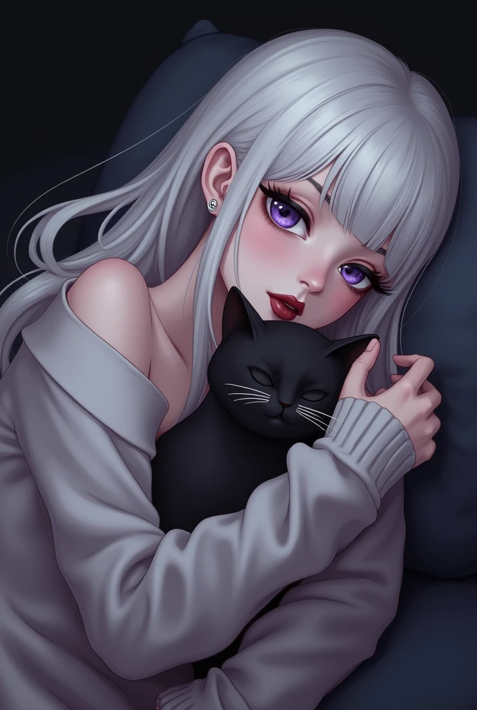 sexy woman lying in black background, with a black cat in his hands, With whites, long hair, with bangs and chubby cheeks, with light purple eyes, without spark and pupils, With whites ресницами, with a gentle look, invisible nose, maroon lips, With whites бровями, in the style of drawing
