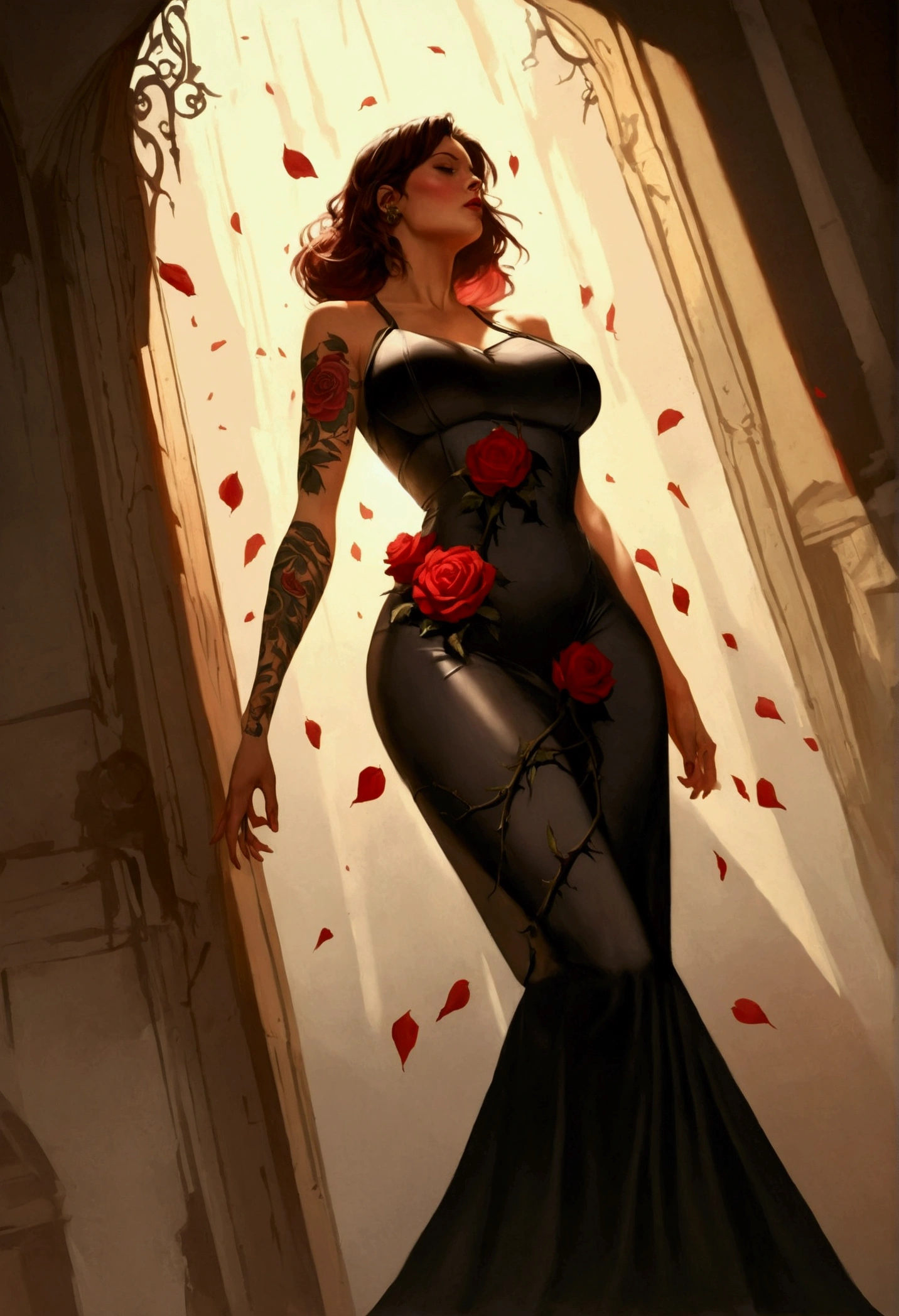1 Vintage rose in old school style with shadows, caule, spines, red and large petals. Large size vertically. Result must be created individually and also an example of the result of the image tattooed on an arm on its inner side.