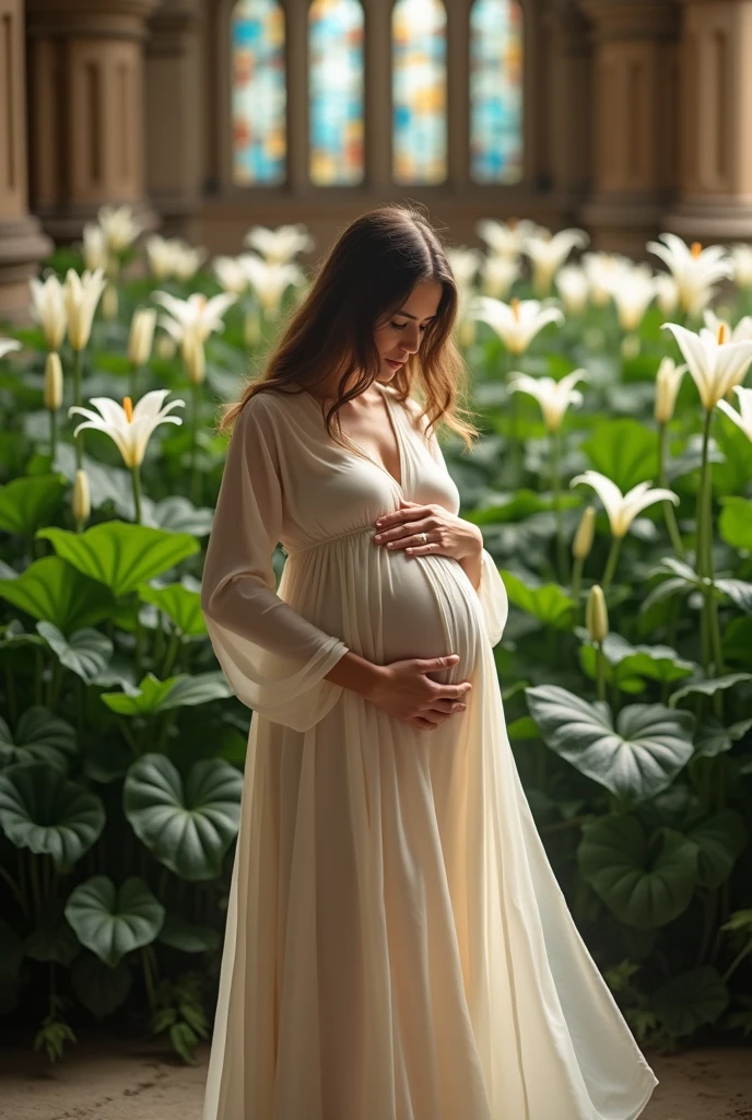 gestante ,  9 meses, photo book,  long flowing fabric, 
 religious scenario , many peace lilies, 