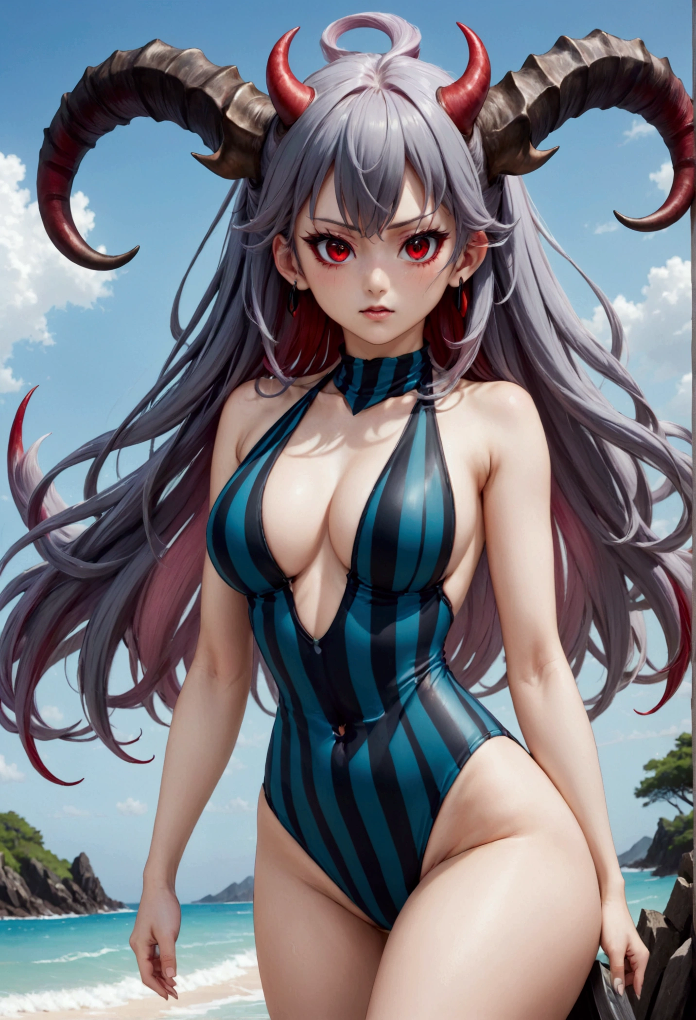 8k, Highest quality, Manga style, View your viewers, Intricate details,One person, Nakiri Ayame, ２Demon horns in the book, Multicolored Hair, Long Hair, Red eyes, Gray Hair, striped highleg swimsuit, 