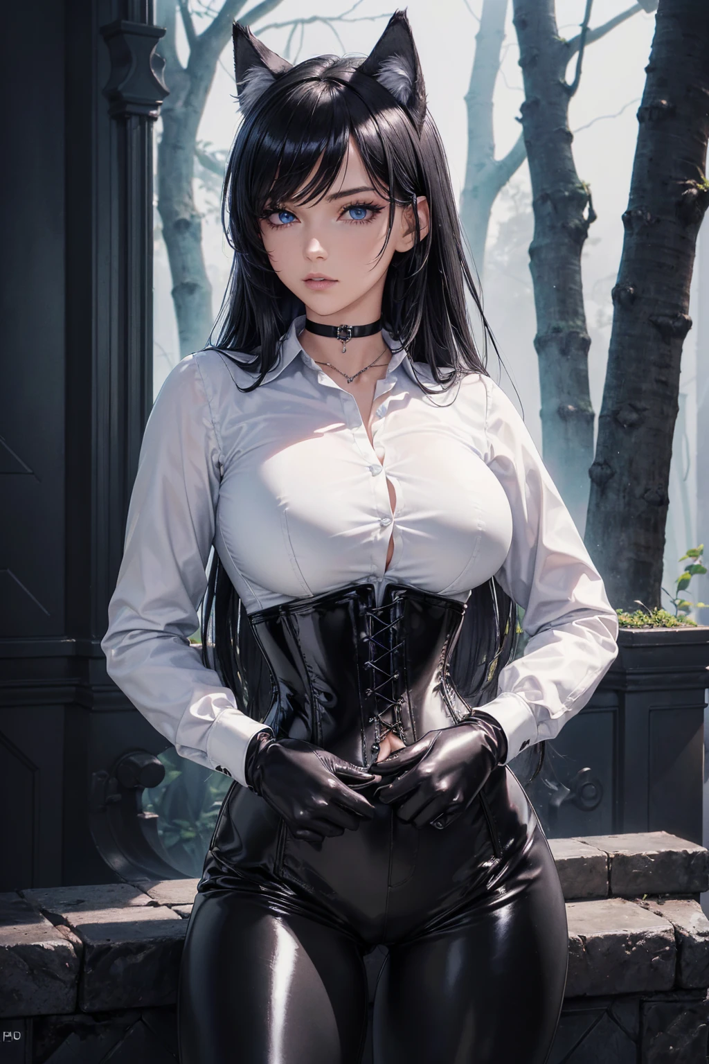 (masterpiece, Best Quality, Very detailed, ultra detailed, High resolution, absurdities, 4k, 8k:1.2), (official art, incredibly good illustration, Extremely detailed CG, detailed background, Professional lighting, dynamic angle, perfect hands, detailed shiny skin, Detailed hair, detailed eyes), 1 girl, big breasts, blue eyes, long black hair, wolf ears, choker:1.6, (white long sleeve button down shirt with white collar), black gloves, gloves that cover hands, (black leather corset), (shiny black leggings), Leaning forward, moody, hands on the hips, from below, Dark forest, fog, at night