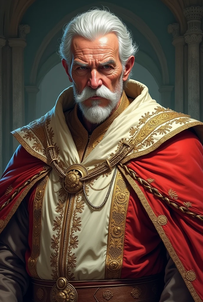 Fantasy comicbook art, medium shot, an older man with prominent muttonchop sideburns in fancy pale red and crème colored medieval robes