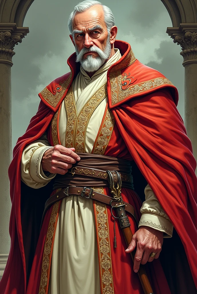 Fantasy comicbook art, medium shot, an older man with prominent muttonchop sideburns in fancy pale red and crème colored medieval robes