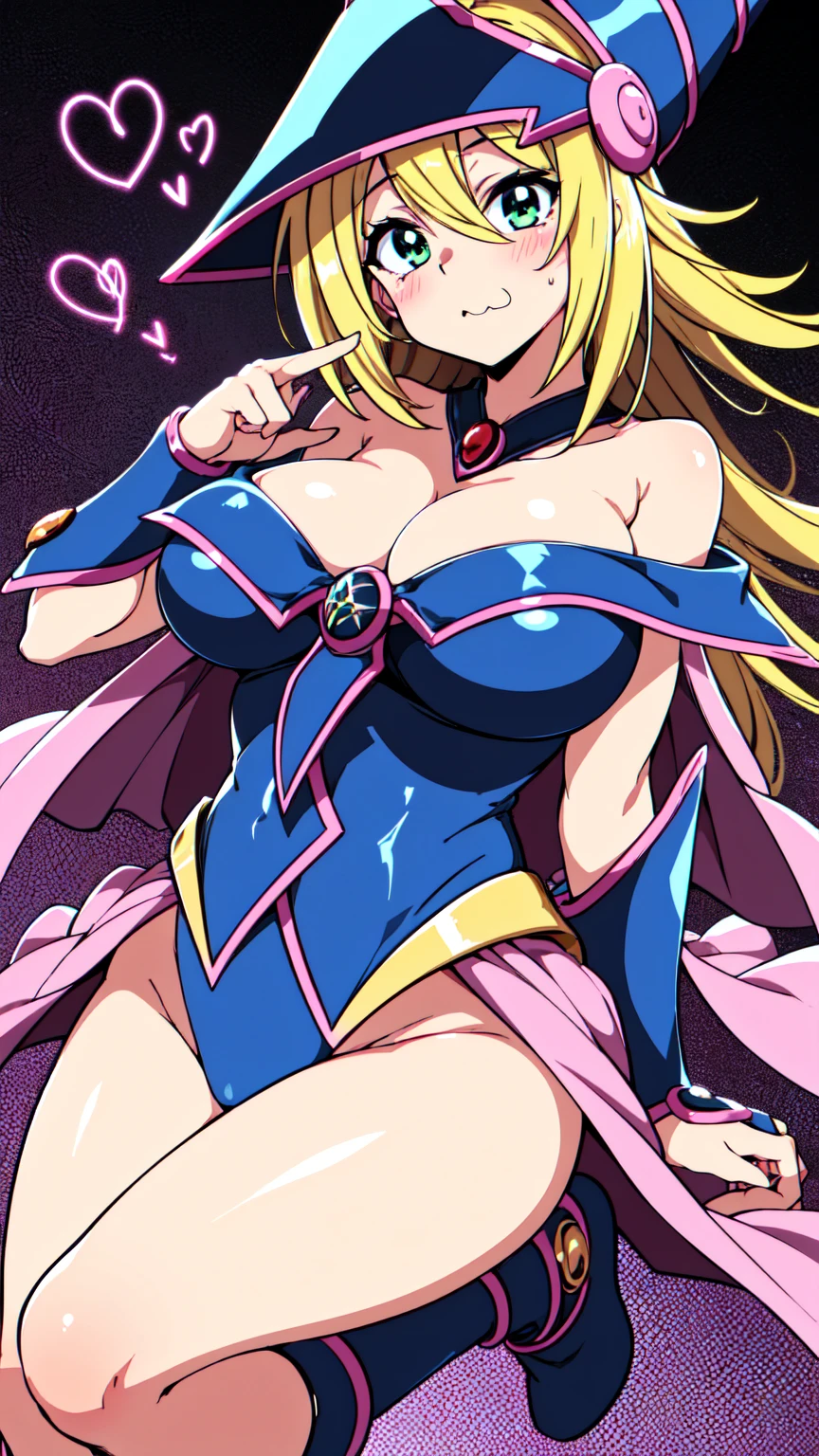 ((Black Magician Girl yu-gi-o))、super breasts、thick thighs、blonde hair、magic circle、8K, 4k, highest quality, High resolution: 1.2),winking、One breast exposed、cute anime face、Pink blush on cheeks、noise removal、Leotard that bites into