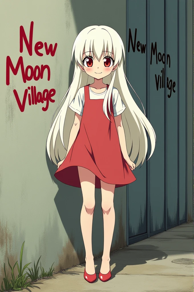 The image is Ghibli style, of a young woman of 2, who is albino and has long hair and red eyes. 

She has a dress and strong legs. 
His face looks smiling. 

In the background of the image there is a wall that says in graffiti: New Moon Village. 