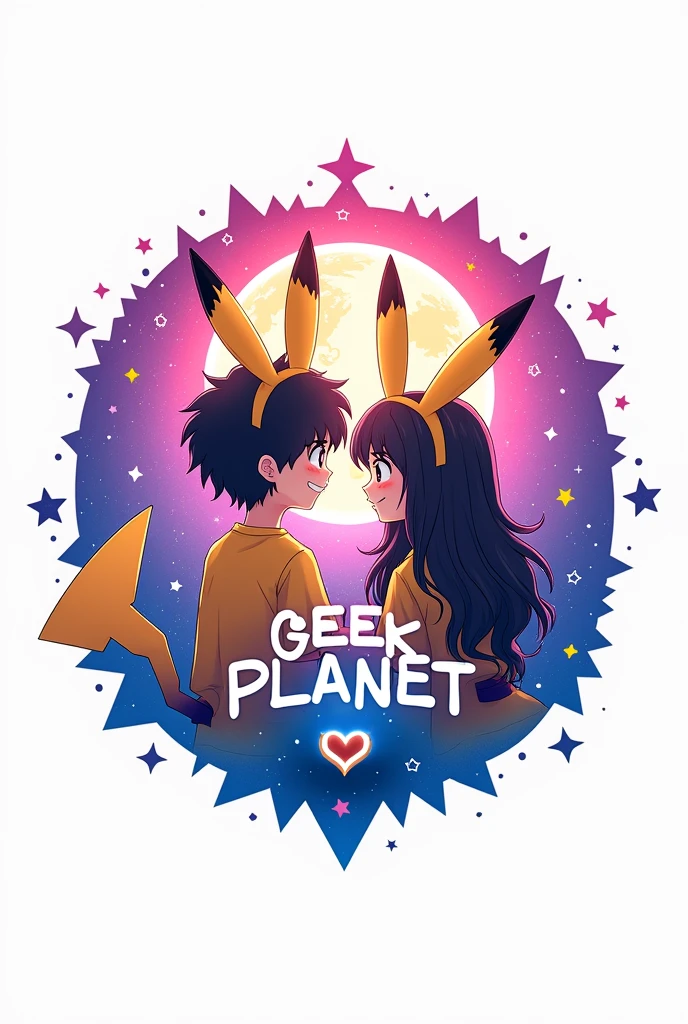 Un logo con el 🌎 de fondo, with stars, heart and a crescent moon (pink and purple colors), Up ahead some anime figures of a boy with black curly hair and the girl with long black hair wearing Pikachu shirts and ears or a straw hat (Luffy de one piece), the name of Geek Planet in the middle of the logo (Vivid colors throughout the image) and the white background 