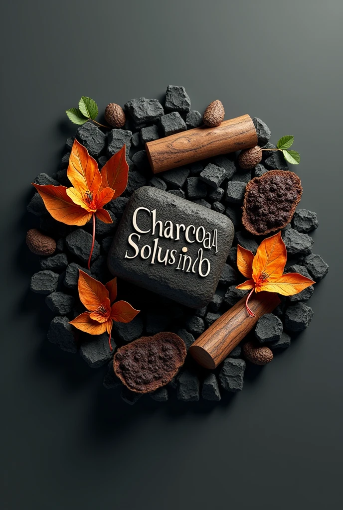"Design 3d logo for a briquette company named 'CHARCOAL SOLUSINDO'. The logo should reflect the natural and eco-friendly aspects of the product, charcoal, and flames. Use earthy tones such as deep browns, blacks, and hints of green to emphasize sustainability and the organic nature of the product. The company name 'CHARCOAL SOLUSINDO' should be clearly visible, using a strong, yet elegant font that complements the overall design."