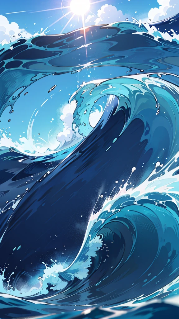 an image of a massive pipeline wave crashing in the ocean, with a deep blue color and foamy white crest. The wave should curl over dramatically, with sunlight reflecting off the water, creating a bright and dynamic scene