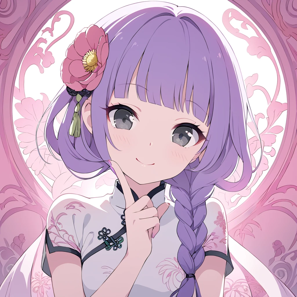 Hiori Light Art, Backlight, Chinese style, Pink Theme, Art Nouveau, chrysanthemum, Poppy, peony, silhouette, Background of Meandros, pastel colour, One person, Sexy pose, finger heart, Portraiture, close, Mid-length hair, peal Purple Hair, Twin braided hair, Purple Hair, Blunt bangs, (Long eyelashes:1.2), Green and black eyes, compensate, nail, Mischievous face, smile, in love, Tilt your head, Chinese clothing, White Dress, Short sleeve, Embroidered dress, Emphasis on high-quality fabrics, bloom, Shine, Perfect lighting, masterpiece, Highest quality, Incredibly absurd, Super detailed, 