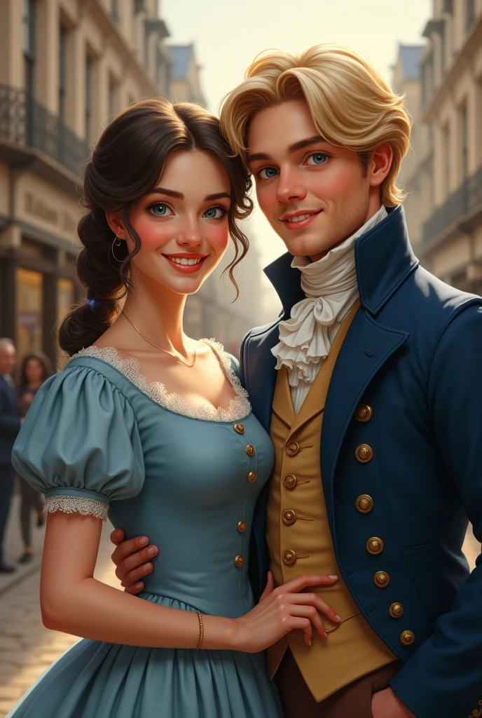 Smiling couple from 1810 in London, England. Short woman with dark blonde hair, BLUE DRESS. Tall man with blond hair and blue eyes