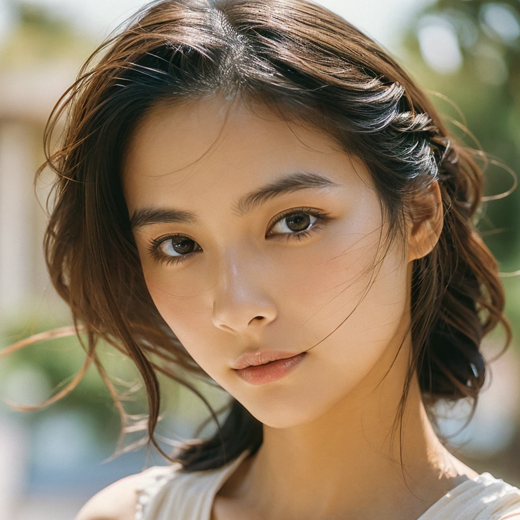 A hyper-realistic image of a single Japanese woman in her early 20s, captured with the nostalgic warmth and subtle graininess of a film camera. Her skin has a warm beige tone with a natural, slightly rough texture that includes visible pores, fine lines, and subtle imperfections such as small blemishes, adding to the authenticity of her appearance. The soft, diffused natural light enhances the film-like quality, casting gentle shadows that create a timeless, organic feel. Her straight, glossy black hair frames her face in a natural, slightly tousled manner, and her deep brown eyes reflect the ambient light, adding depth and emotion. The film camera effect introduces a slight grain and a softer focus, giving the image a warm, nostalgic atmosphere while maintaining the realistic texture of her skin. She is dressed simply, in a way that complements her natural beauty, with the overall composition designed to evoke a sense of genuine, understated elegance. The use of natural light, combined with the deliberately rougher texture of her skin and the film-like qualities, ensures that this image captures the imperfections that make her beauty truly lifelike, focusing solely on this one individual.