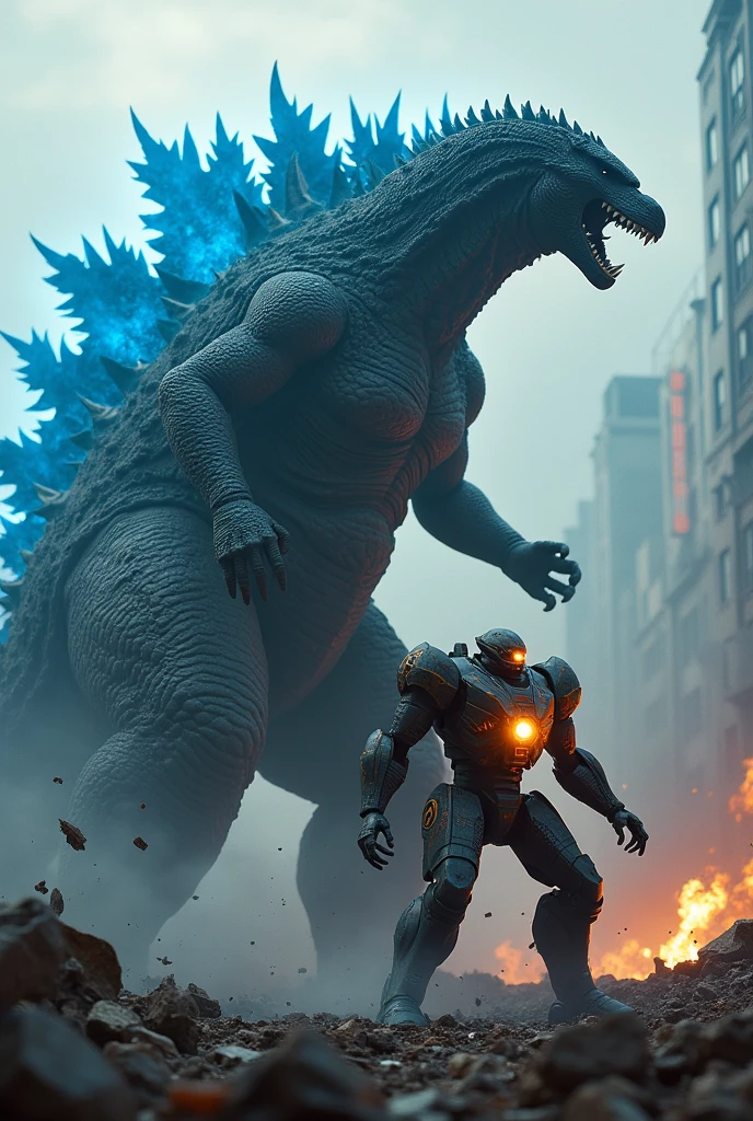 Godzilla from the 2014 movie Godzilla and Gipsy Danger from the 2013 movie Pacific Rim are engaged in an intense, cinematic battle. Both characters are depicted at their full, towering heights, exactly as seen in the films, with Godzilla’s massive, scaly form covered in the same dark, rugged texture, and his dorsal fins glowing with the signature blue light. Gipsy Danger is shown with its iconic, battle-worn armor, complete with every detail from the film, including the glowing nuclear reactor in its chest.

Godzilla is unleashing his iconic blue atomic breath from his mouth, the beam blazing with vibrant energy, directly onto Gipsy Danger’s chest. Gipsy Danger, in a defensive stance, has its left arm raised, with the shield deployed, trying to absorb the impact of the atomic breath. The scene is set amid a cityscape of crumbling, destroyed buildings, a result of their epic confrontation, with debris and smoke filling the air.

The image is rendered in ultra-realistic detail, capturing the textures, lighting, and dynamic action as if it were an original movie scene. The lighting reflects the dramatic atmosphere of the films, with Godzilla’s blue fire casting an eerie glow, and the massive size of both characters emphasizing their destructive power, making the scene indistinguishable from the actual movie footage