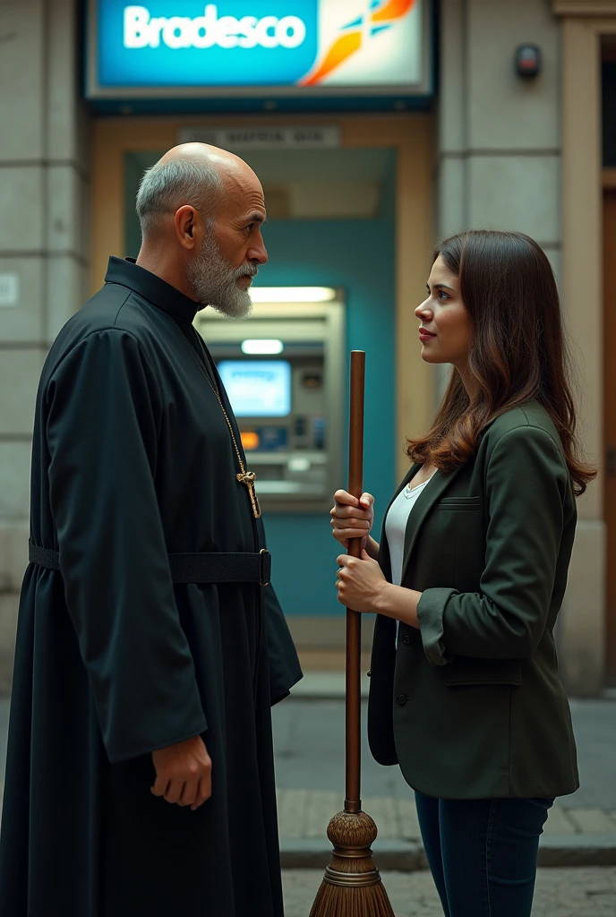 A priest without hair, talking to a woman holding a broom ,next to a Bradesco ATM.