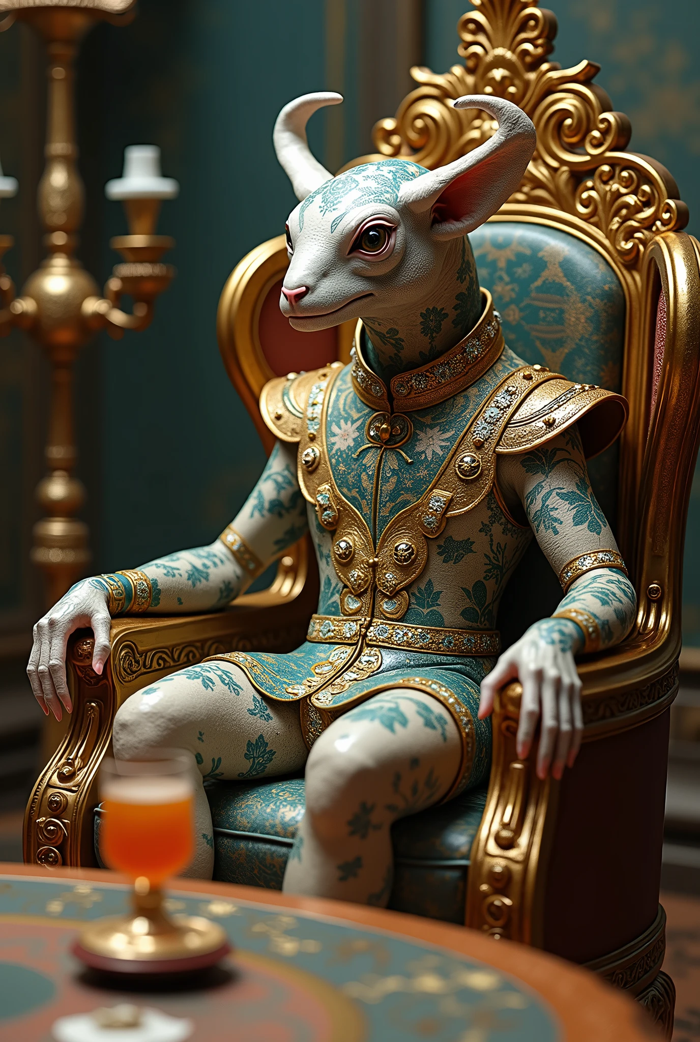 Ancient creature futuristic with skin ornaments in high relief very detailed ornamental clothes in 4d sitted on a high tech chair, machinery, gadjets, rococopunk, on a room of future baroque in front of a table