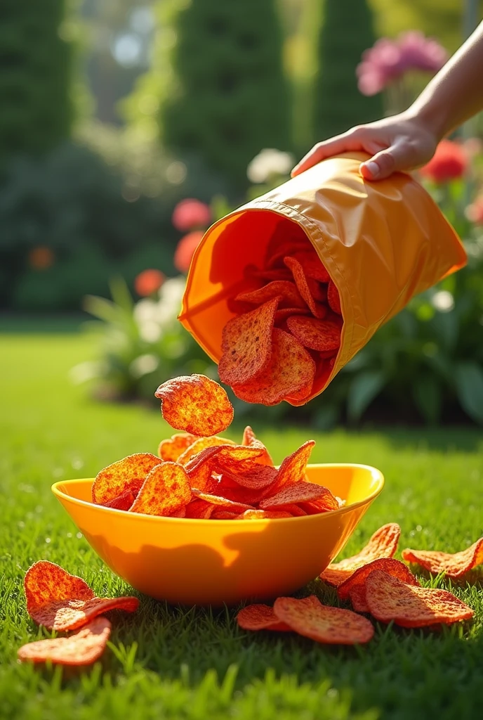 Create a wide image where there is a bag of the red marinated chips brand that is open and the potatoes are falling into a yellow glass bowl., and the background of the image is a garden
