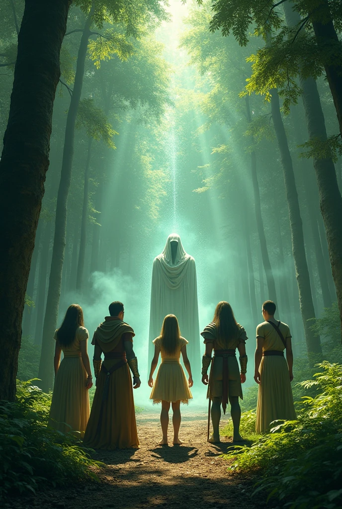 The 4 Guardians facing the protective spirit : An intense confrontation where the Guardians stand face to face with the spirit of the forest, each ready to take on the challenges and answer the riddles posed. The spirit looks at them with a wise and enigmatic expression..