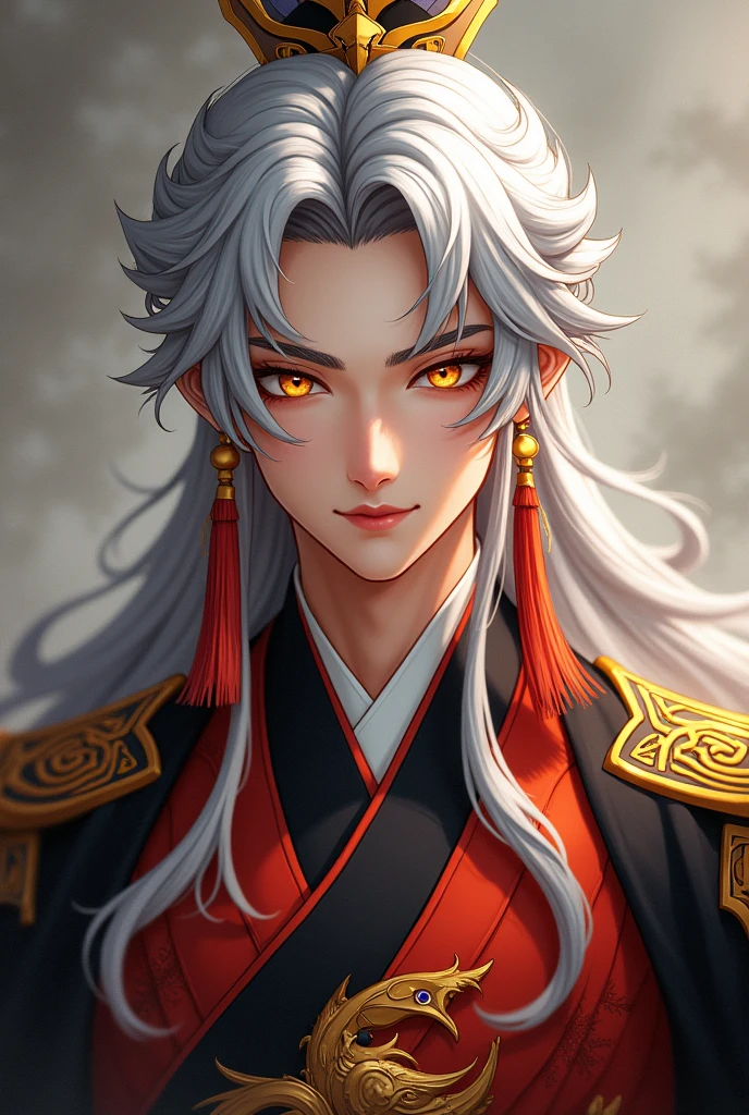 Handsome xianxia protagonist,man,guy,silverish long hair,golden amber eyes and long silver hair,use armour featuring like Phoenix chinese with red and black dominant color,the tassel of the armour is shaped like a phoenix's tail, combination of red yellow strand and black dominant color,with majestic golden line ,held sword star, Crimson red and golden dominant color wings at back,24K ultra hd,face and eyes detail,better quality 
