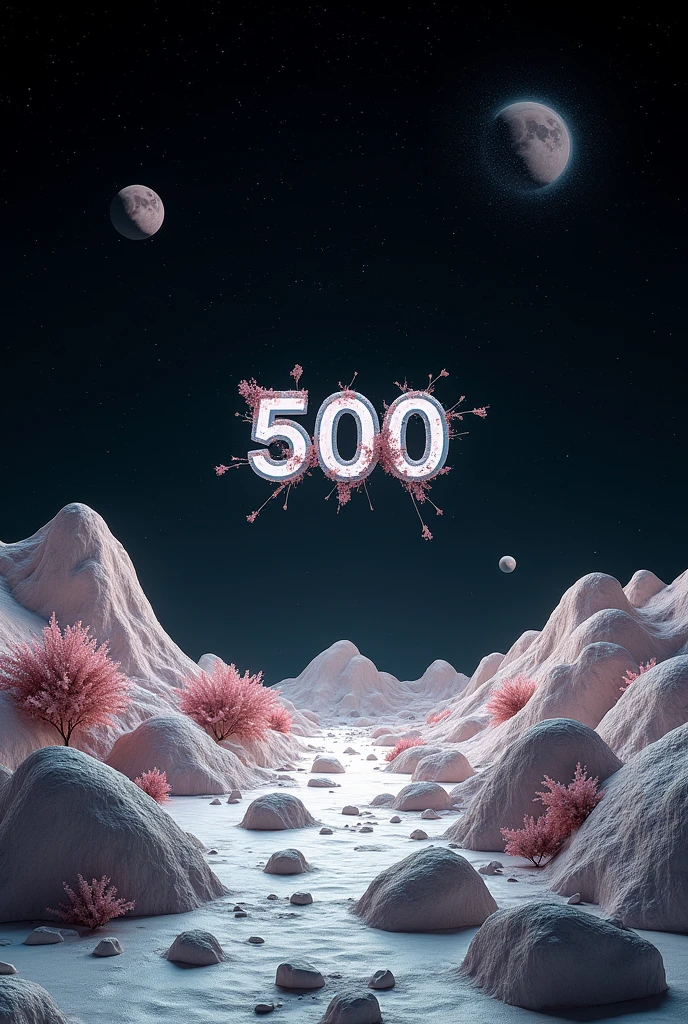 An otherworldly landscape filled with geometrical hills and rocks scattered around. The ground is filled with rocks and weird low flora. Floating geometrical 3D shapes levitating above ground ground all over. The word "500" made of mineral and is on the center of the scene emerging from the ground. It's night time and the sky is pitch black full of stars and planets very visible. Realistic, hyperrealism, high resolution, extreme details, extreme quality, volumetric lighting, sharp details, 4k hdr