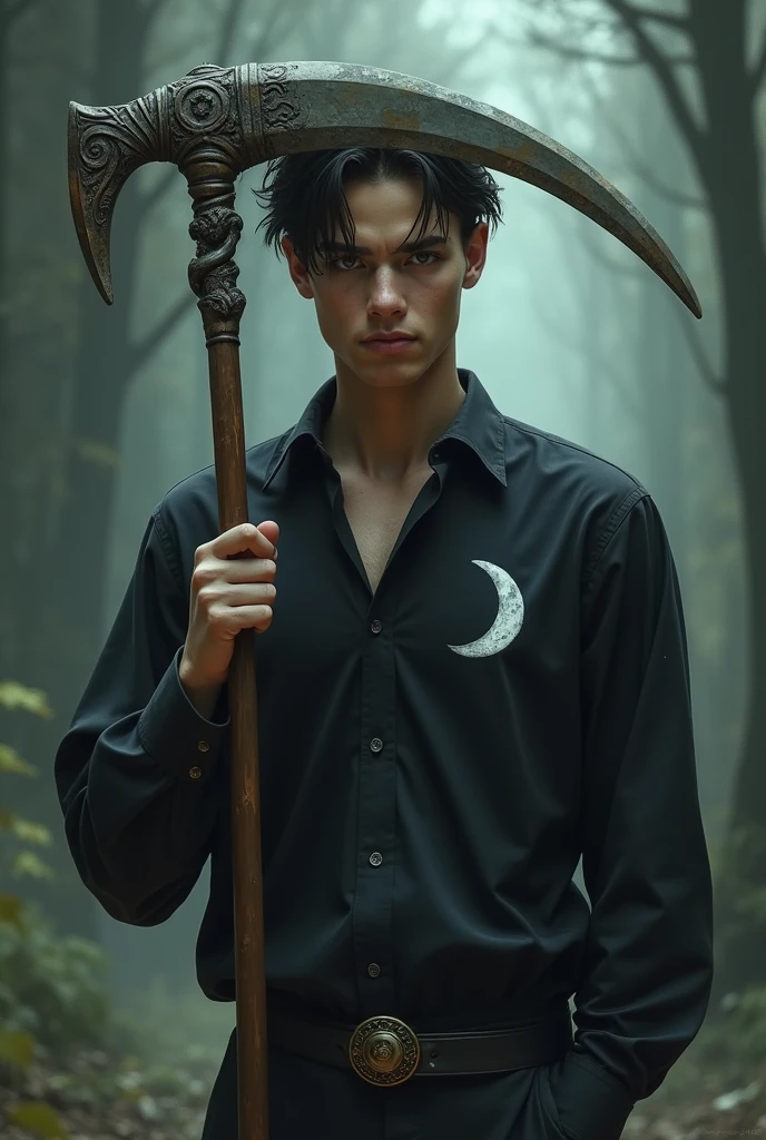 an 18 year old young man, wearing a black blouse with a moon symbol on her right chest, with a big sickle, where the blade is a rhino horn