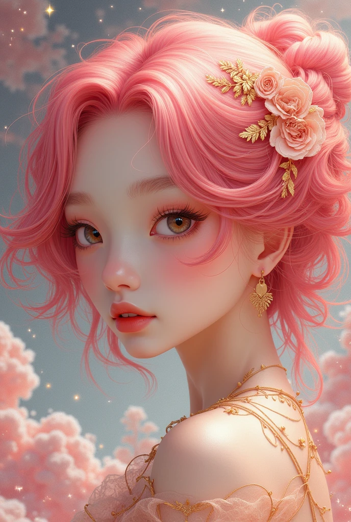 (Japanese girl:1.3), beautiful detailed eyes, beautiful detailed lips, extremely detailed eyes and face, long eyelashes, upper body, from side, looking at viewer, (fractal art:1.3), (pink hair:1.2), water, liquid, cloud, colorful, starry, stars, (best quality, 4k, 8k, highres, masterpiece:1.2), ultra-detailed, (realistic, photorealistic, photo-realistic:1.37), vibrant colors, studio lighting, extremely detailed description, professional, concept art, surreal, 1920s french vibe, monochromatic gold and pink palette, in the style of french illustrator moebius, gold elements, 