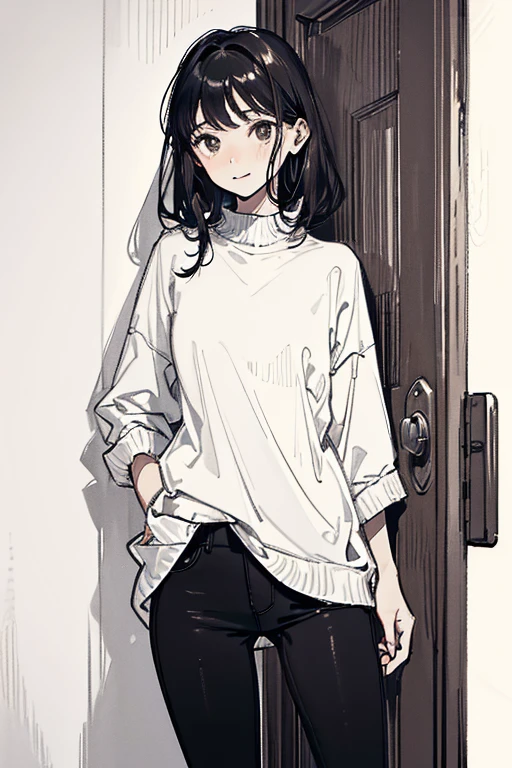 light brown-skinned woman, medium dark hair, black eyes with dark circles, Skinny body, with loose clothing and a happy expression 
