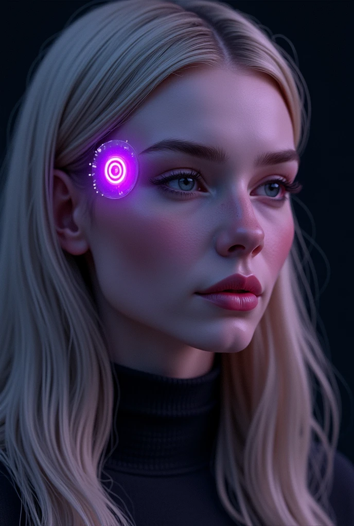 Create an illustration of a woman with blonde hair, normal-looking. On the side of your forehead, there is a round embossed chip, with a circular purple LED that glows softly. The chip is elegantly embedded in the skin, as if it were part of the face design. The surrounding environment may be dark, to highlight the purple LED light. The woman's expression can be calm and contemplative, reflecting a connection with technology, similar to the game style "Detroit: Become Human".