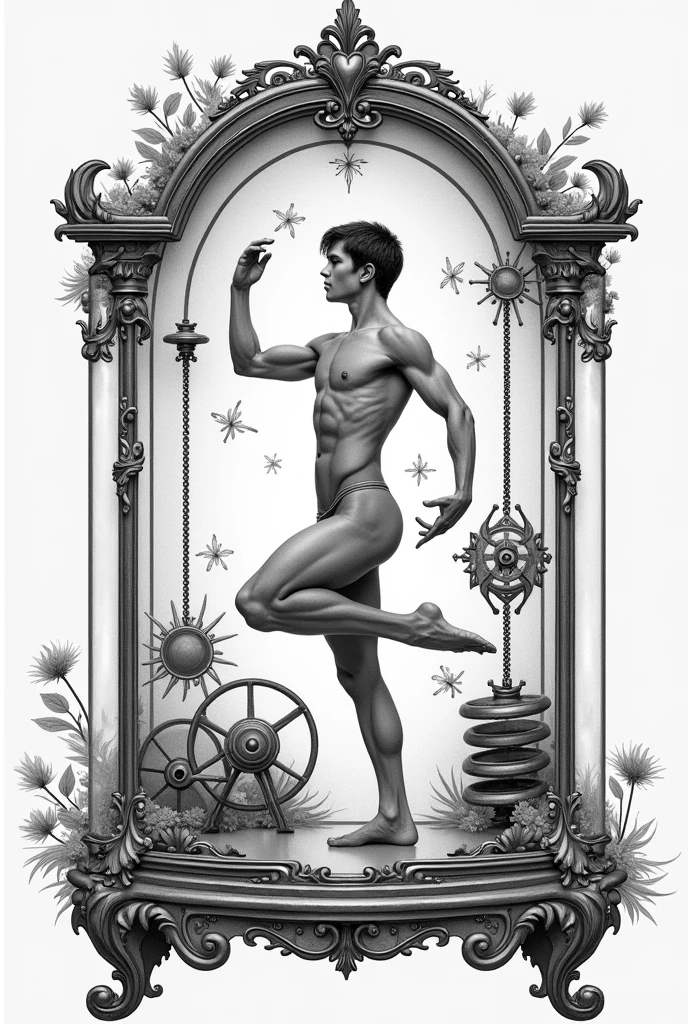male dancer in a music box, drawn and in black and white