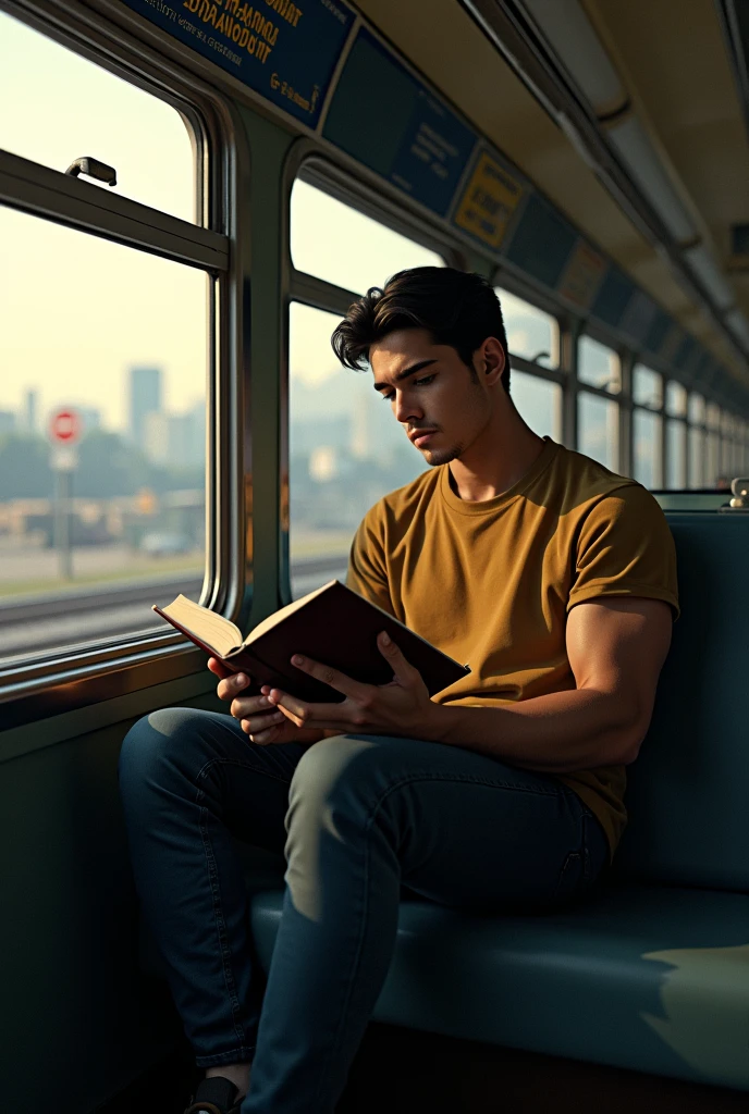 Young COLOMBIAN man 1 and Colombian characteristics, because he is Colombian and he is sitting alone on a train reading a book, where he and the destination indicator stand out, where the vanishing point is evident