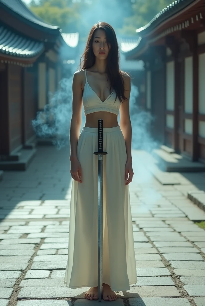 editorial photography,super detailed background,Super realistic,double exposure,depth of field,beauty super slender skinny vides,soft focus pure tone,narrative scene,White smoke rises from the blade of a long Japanese sword,the katana is stuck,girl facing forward,Zen temple paving stones,