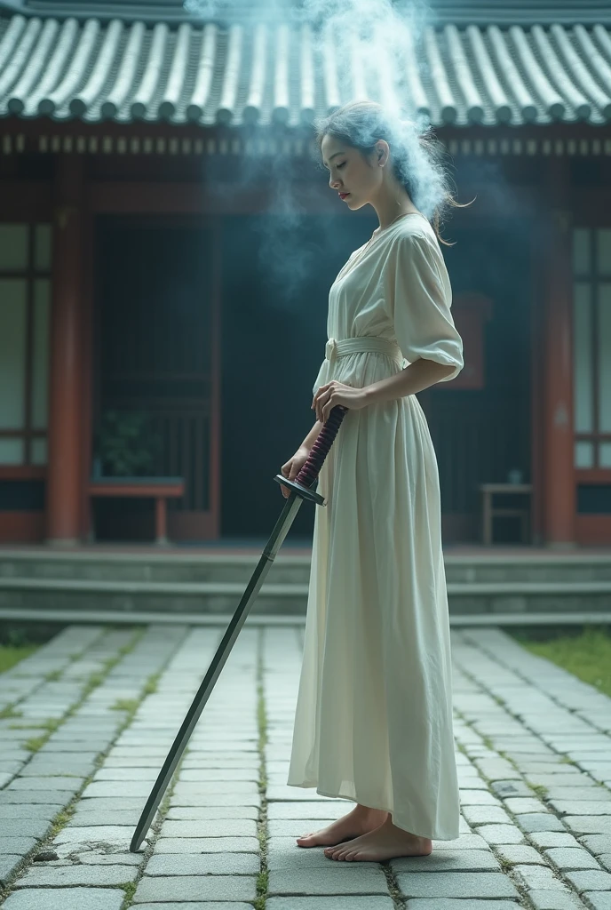 editorial photography,super detailed background,Super realistic,double exposure,depth of field,beauty super slender skinny vides,soft focus pure tone,narrative scene,White smoke rises from the blade of a long Japanese sword,the katana is stuck,girl facing forward,Zen temple paving stones,