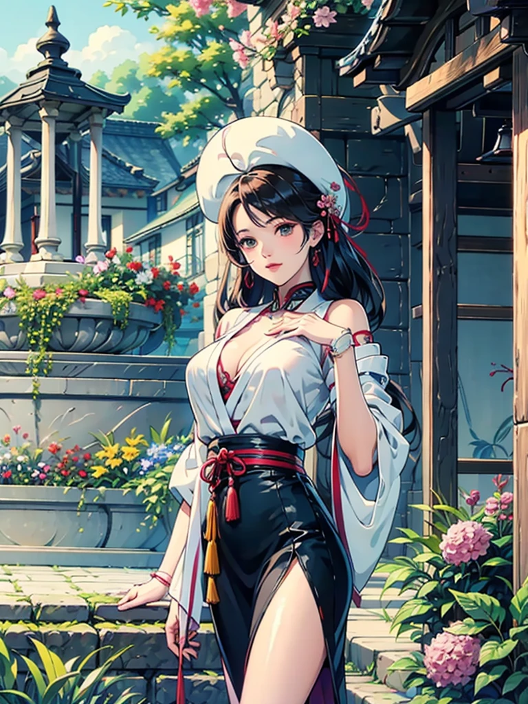 Magnificent View、Floating Island、Hanging Garden、Outdoor、anime、High definition、Miko costume、Holy Maiden、In a garden full of blooming flowers, she is spinning with her right hand stretched upwards, her left hand on her hip, and her chin raised.、Long silver hair(The top of the head is indigo blue、The ends of the hair are red.)、whole body、Jade Eyes、Dance a dance dedicated to the gods