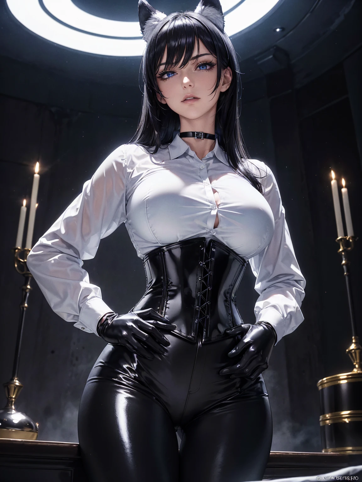(masterpiece, Best Quality, Very detailed, ultra detailed, High resolution, absurdities, 4k, 8k:1.2), (official art, incredibly good illustration, Extremely detailed CG, detailed background, Professional lighting, dynamic angle, perfect hands, detailed shiny skin, Detailed hair, detailed eyes), 1 girl, big breasts, blue eyes, long black hair, wolf ears, choker:1.6, (white long sleeve button down shirt with white collar), black gloves, gloves that cover hands, (black leather corset), (shiny black leggings), Leaning forward, moody, hands on the hips, from below, Dark forest, fog, at night