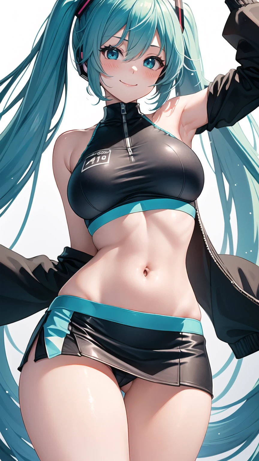 ((Tabletop, Highest quality, High resolution, Hmph, Pixel perfect, Depth of written boundary, 4K, )), One Girl, alone, Beautiful Anime, Beautiful art style, close, View your viewers, Perfect body, Hatsune Miku・VOCALOID, Light blue hair, (Large ), belly button,sh all over face, smile, Thighs Thighs Thighs Thighs, ((Race Queen)), mini skirt, High leg, White Background, Take the lead, Raise the checkered flag, Cowboy Shot, 