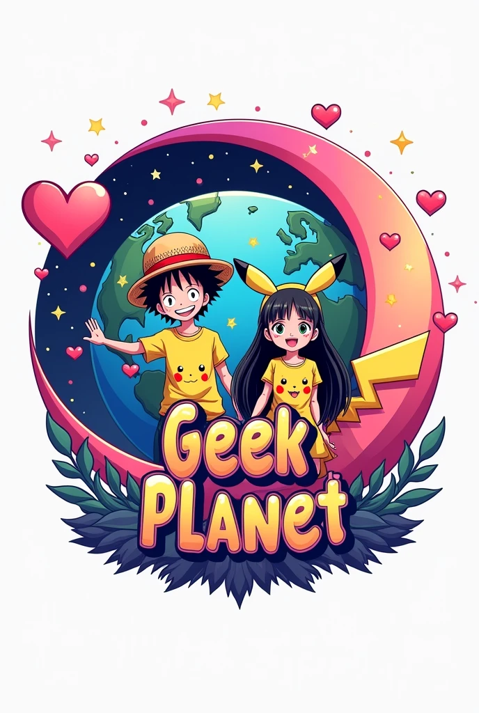Un logo con el 🌎 de fondo, with stars, heart and a crescent moon (pink and purple colors), Here are some anime figures of a boy with black curly hair and a girl with long black hair wearing Pikachu shirts and ears or a straw hat. (Luffy de one piece), the name of Geek Planet in the middle of the logo (Vivid colors throughout the image) and the white background