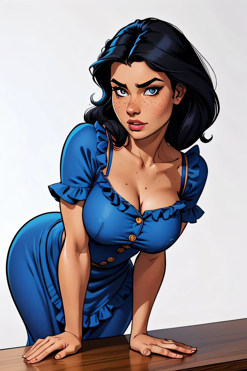 Thin woman, age 25, 4K (High definition), thoughtful, seducing gaze, eyes browns, wearing a blue dress with a boat neck (with buttons) and short sleeves (with white frills), arms positioned at the side of the body, pele caucasiana, straight shoulder-length black hair, upper body (slightly leaning forward, hands on a table), full of curves with freckles on her chest and neck, round breasts. High-quality Marvel style, white background.