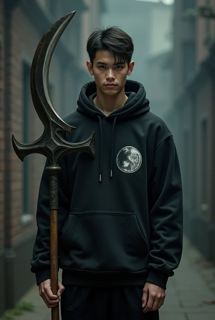 an 18 year old young man, wearing a black sweatshirt with a moon symbol on his right chest, with a big sickle, where the blade is a rhino horn