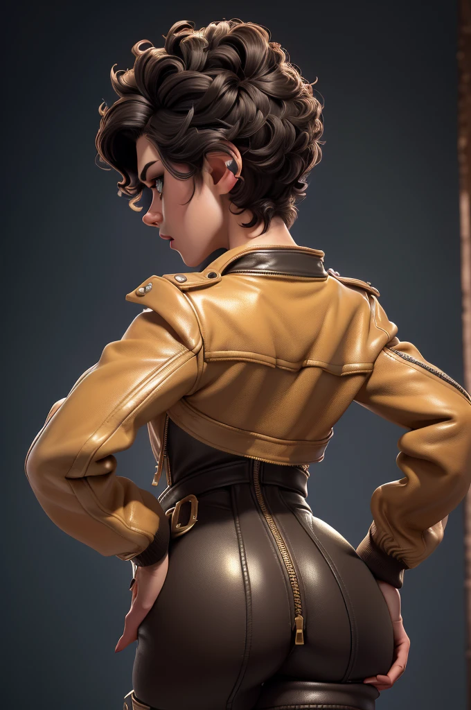 obra prima, melhor qualidade, ((only one woman,)) ((kristen stewart, dark tan skin, short black curly hair, heavy makeup eye shadow, mouth open,)) (((wearing thigh length bubblegum distressed leather jacket,))) (((jacket is zipped up, jacket covers waist and ass,))) ((jacket has stiff high collar,)) ((gold pvc gloves,)) body is very skinny, standing up, (((arched back, shoulders leaning way back, hips twisting, head tilted way back, chin up,))) ((camera back view, extreme closeup view of upper body,)) shallow depth of field, highres, HD, 8k, anatomically correct